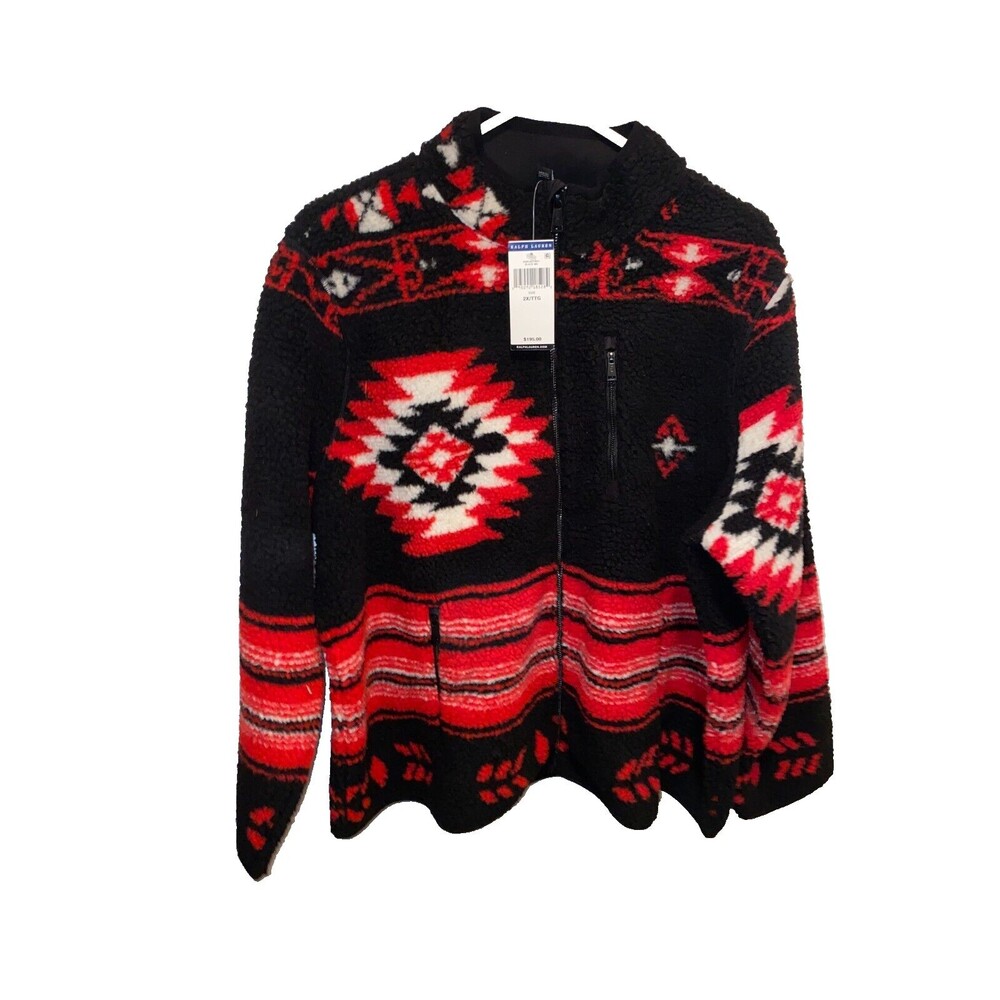 Ralph Lauren Jacket Women's 2X Aztec Sherpa Fleece Black Red Full Zip Winter